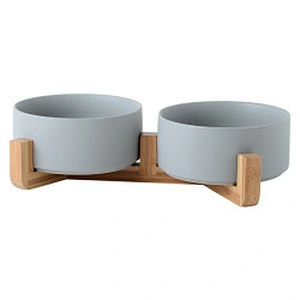 Wholesale ceramic pet food bowl elevated luxury designed dog ceramic bowl with bamboo shelf
