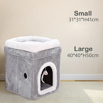Winter Cat Condo Portable Indoor Foldable Plush Cat Warm House with Fluffy Ball Hanging