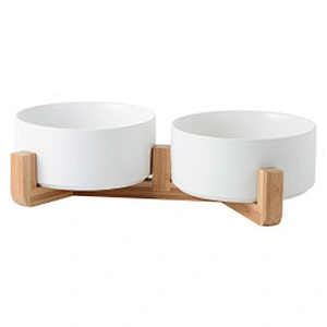 Wholesale ceramic pet food bowl elevated luxury designed dog ceramic bowl with bamboo shelf