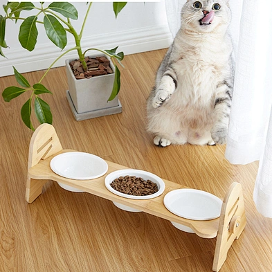 Raised pet bowl with bamboo stand luxury adjustable elevated ceramic dog bowl