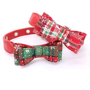 Holiday Adjustable Christmas Leather Bow Dog Collar With Bow Tie