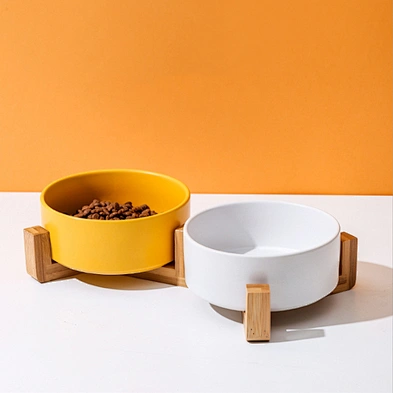 Wholesale ceramic pet food bowl elevated luxury designed dog ceramic bowl with bamboo shelf