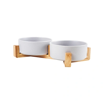 Wholesale ceramic pet food bowl elevated luxury designed dog ceramic bowl with bamboo shelf