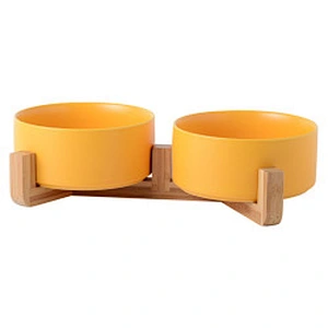 Wholesale ceramic pet food bowl elevated luxury designed dog ceramic bowl with bamboo shelf