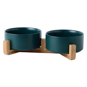 Wholesale ceramic pet food bowl elevated luxury designed dog ceramic bowl with bamboo shelf