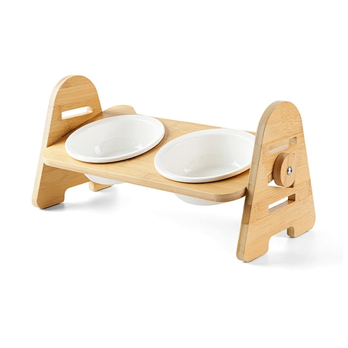 Raised pet bowl with bamboo stand luxury adjustable elevated ceramic dog bowl