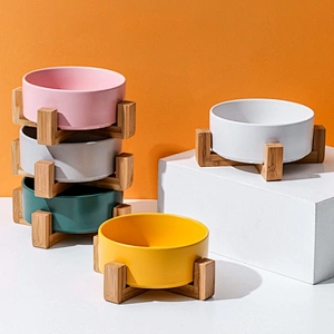 Wholesale ceramic pet food bowl elevated luxury designed dog ceramic bowl with bamboo shelf