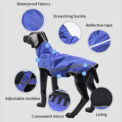 Wholesale OEM Dog Raincoat Blue Waterproof Professional Outdoor Large Dog Rain Coat With Reflective Stripe