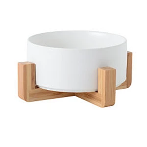Wholesale ceramic pet food bowl elevated luxury designed dog ceramic bowl with bamboo shelf