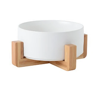 Wholesale ceramic pet food bowl elevated luxury designed dog ceramic bowl with bamboo shelf
