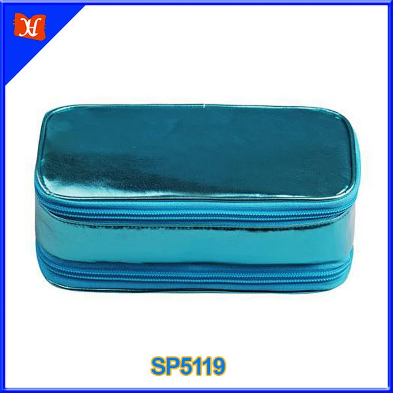 2014 simple style practical two compartment cosmetic bag, PU leather two zipper cosmetic packaging bag
