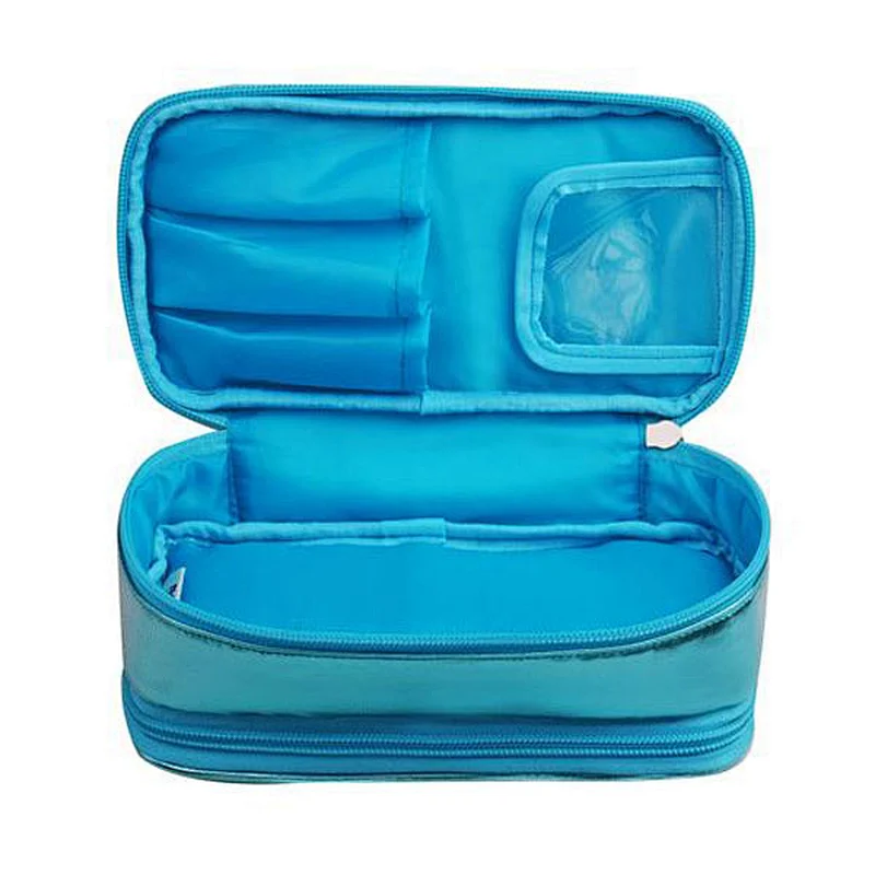 2014 simple style practical two compartment cosmetic bag, PU leather two zipper cosmetic packaging bag