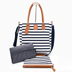 Blue Stripes Portable Mommy Handbag Diaper Handbag Neutral Easy-Carry Baby Bag With Changing Pad