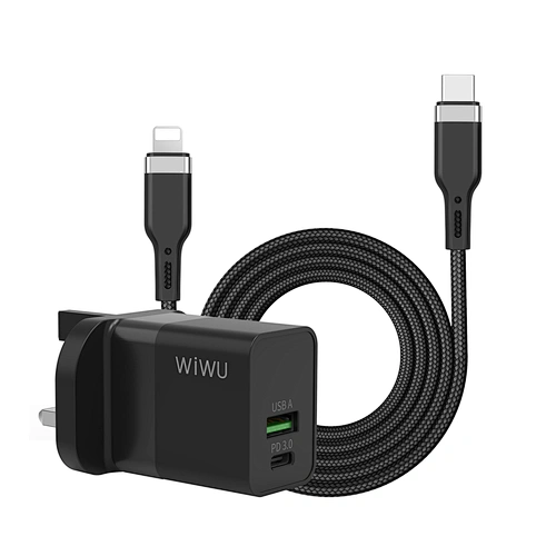 WiWU 30W PD Fast Wall Charger Suit for iPhone USB A Type C Dual Ports with Cable Phone Charging UK Plug