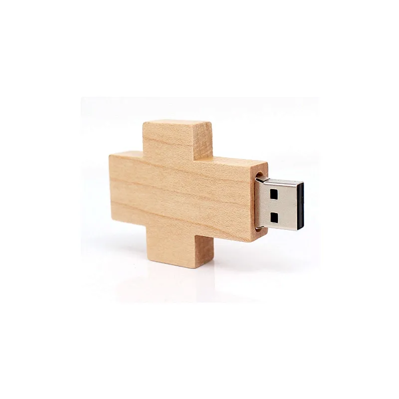 Cross Shaped Logo Print Wooden USB Flash Drive