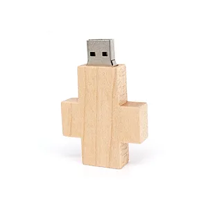 Cross Shaped Logo Print Wooden USB Flash Drive