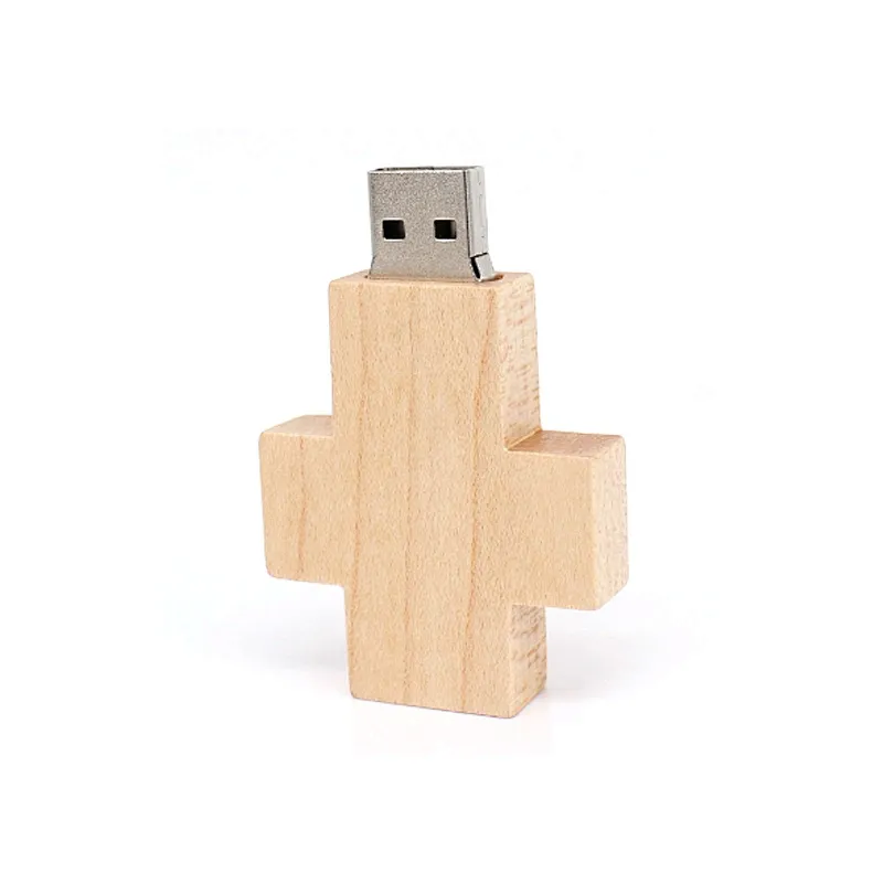 Cross Shaped Logo Print Wooden USB Flash Drive