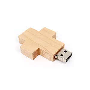 Cross Shaped Logo Print Wooden USB Flash Drive