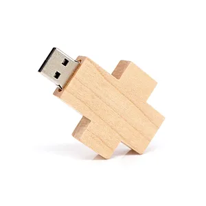 Cross Shaped Logo Print Wooden USB Flash Drive