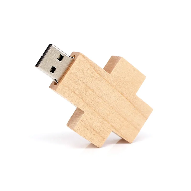 Cross Shaped Logo Print Wooden USB Flash Drive