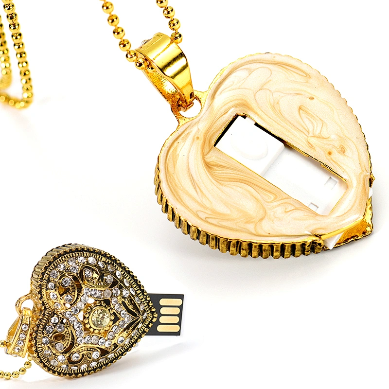 Heart Shape Metal Gold Chain Colorful Jewelry Gift USB Flash Drive USB Flash Disk USB Stick USB Flash USB Drive for Promotional
