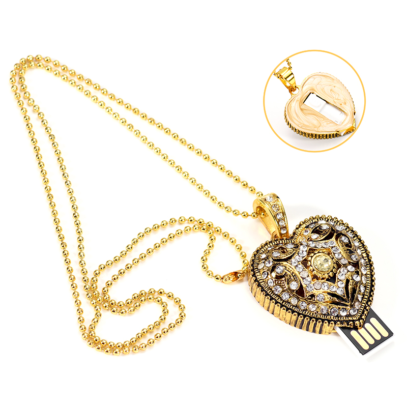 Heart Shape Metal Gold Chain Colorful Jewelry Gift USB Flash Drive USB Flash Disk USB Stick USB Flash USB Drive for Promotional