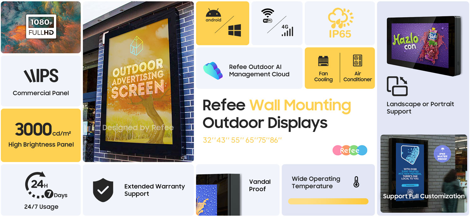 refee ultra high Brightness IP65 waterproof outdoor wall mounting display outdoor digital signage display advertising screen digital poster