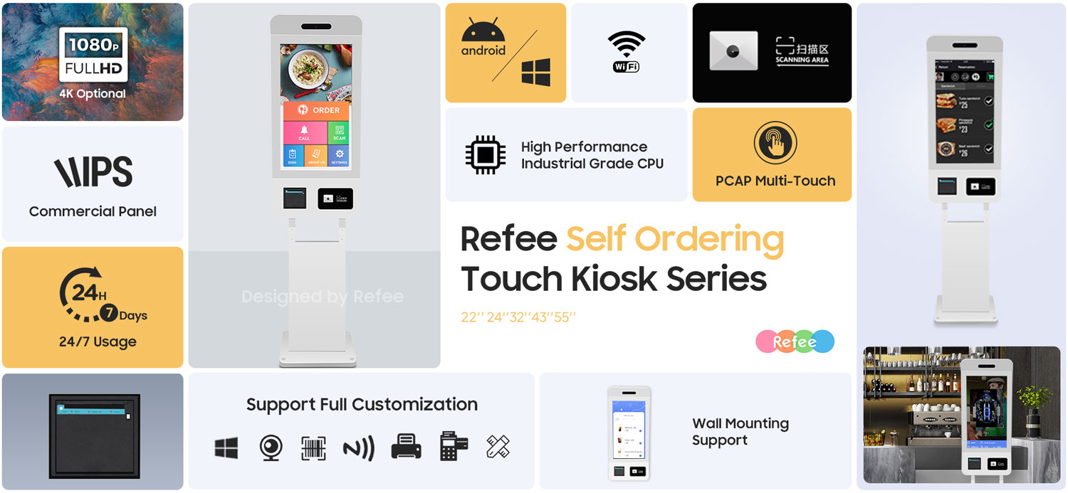 refee freestanding interactive self order touch kiosk self ordering self service PCAP multi touch kiosk android digital signage display screen digital poster