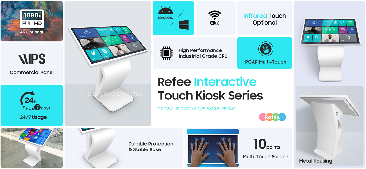 refee freestanding interactive self service multi touch kiosk android digital signage PCAP touch display screen digital poster