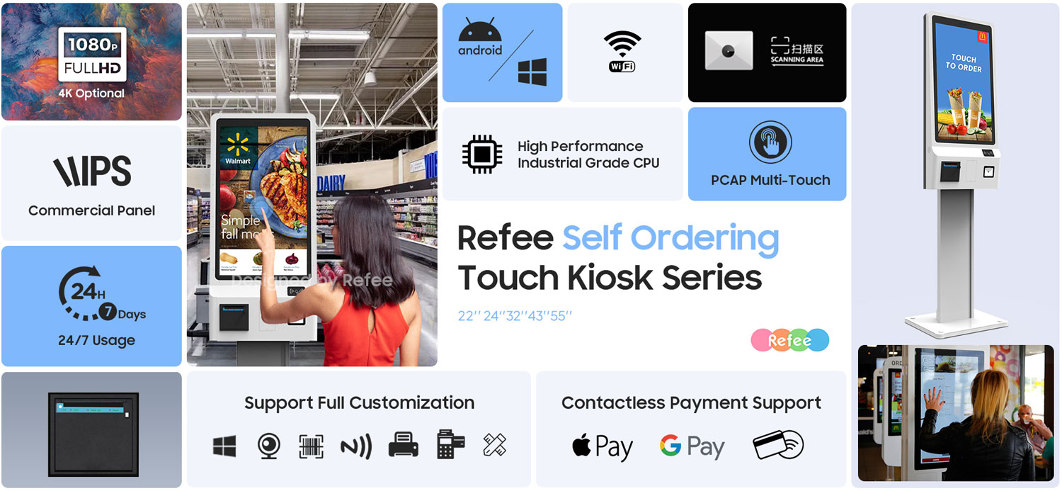 refee freestanding interactive self ordering touch kiosk self service PCAP touch kiosk android digital signage display screen digital poster
