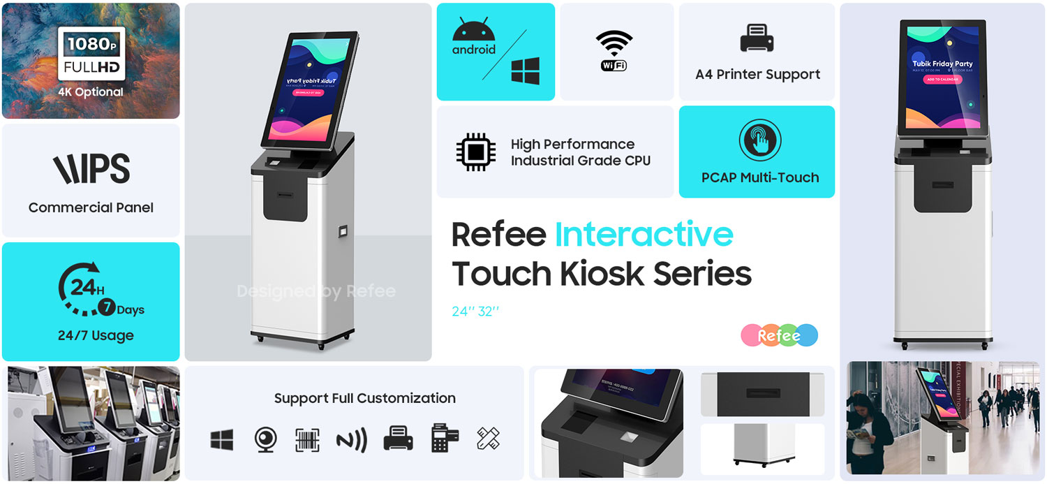 refee freestanding interactive printer self service touch kiosk android digital signage display touch screen digital poster