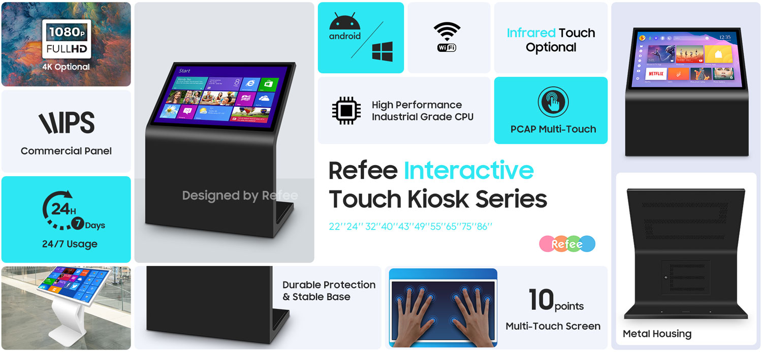 refee freestanding interactive self service touch kiosk android digital signage display screen digital poster