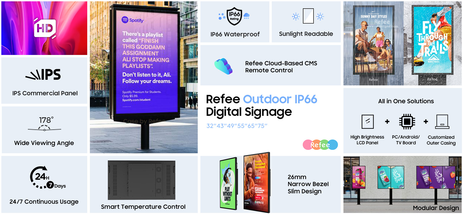 refee slim ultra high Brightness IP66 waterproof outdoor display outdoor digital signage display advertising screen digital poster
