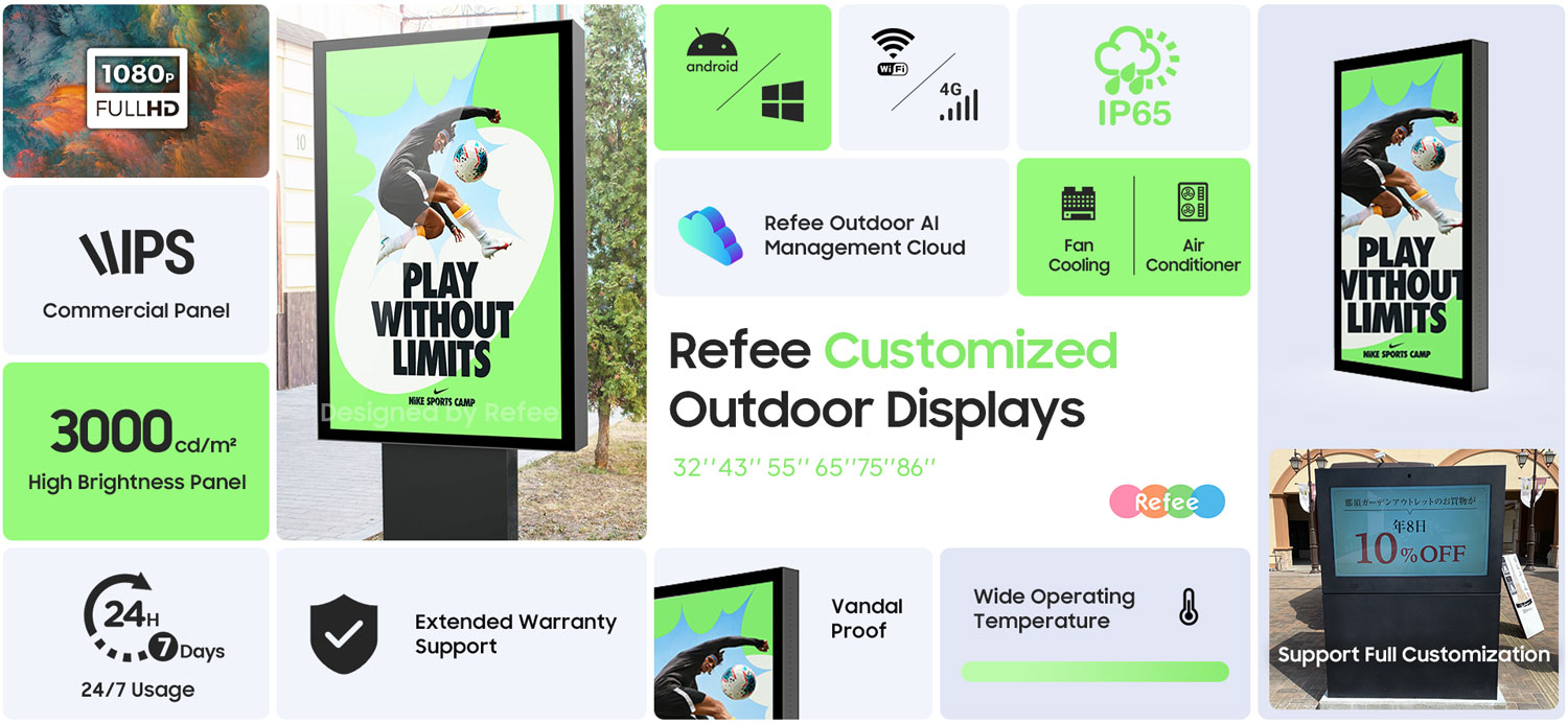 refee ultra high Brightness IP65 waterproof outdoor display outdoor digital signage display advertising screen digital poster