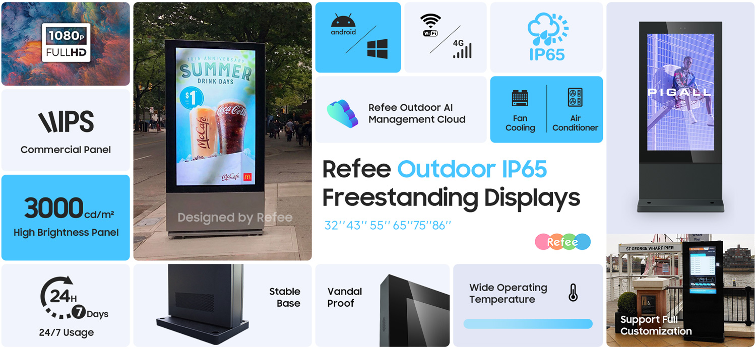refee ultra high Brightness IP65 waterproof outdoor display outdoor digital signage display advertising screen digital poster