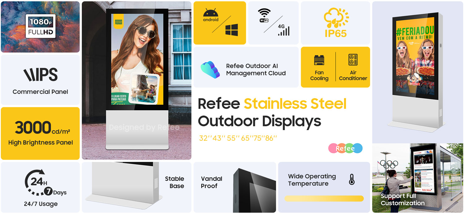 refee ultra high Brightness IP65 waterproof outdoor display outdoor digital signage display advertising screen digital poster
