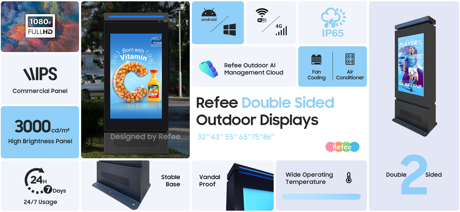 refee double sided ultra high Brightness IP65 waterproof outdoor display outdoor digital signage display advertising screen digital poster