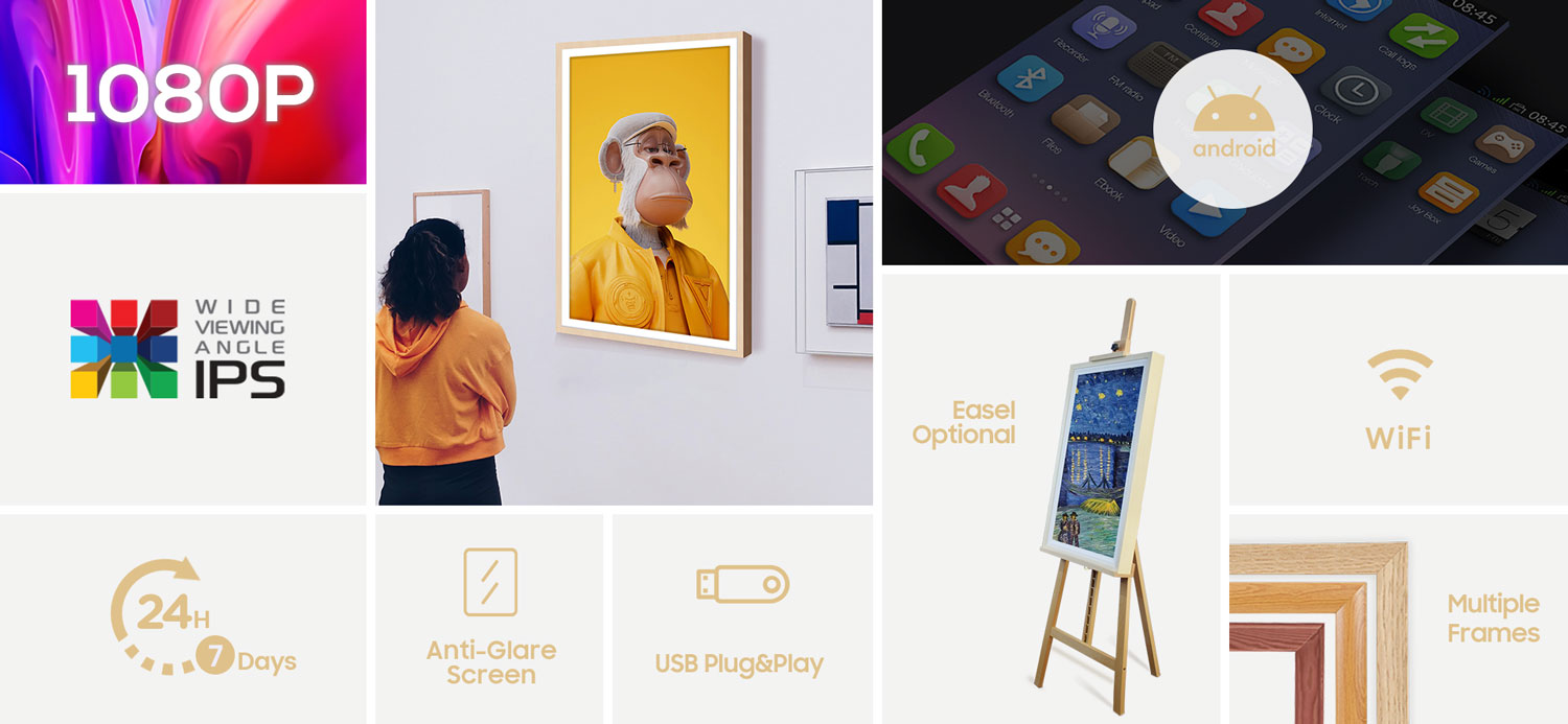 refee wooden frame display digital art LCD display anti-glare screen