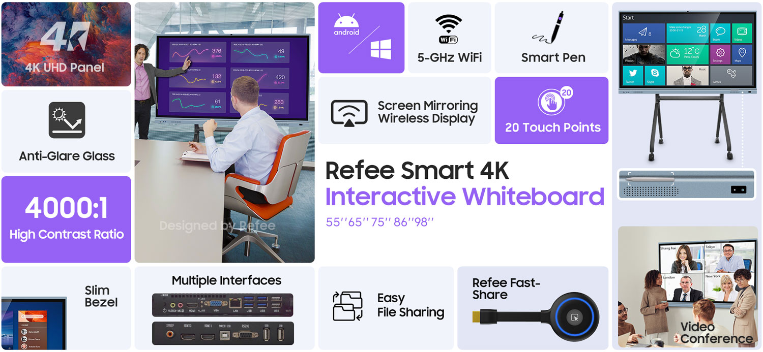 refee 4K interactive whiteboard smart board education corporate application touch screen digital board