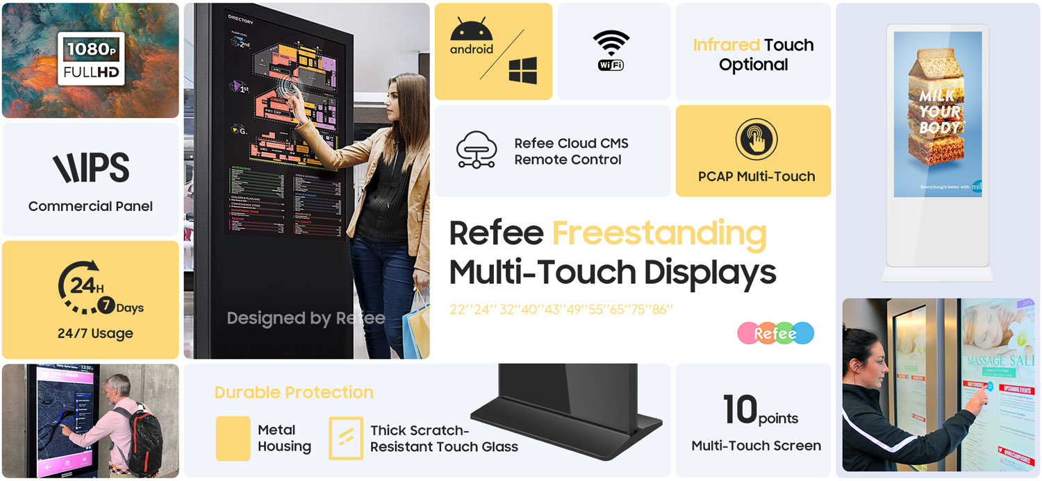 refee freestanding interactive PCAP multi touch screen android digital signage display screen digital poster