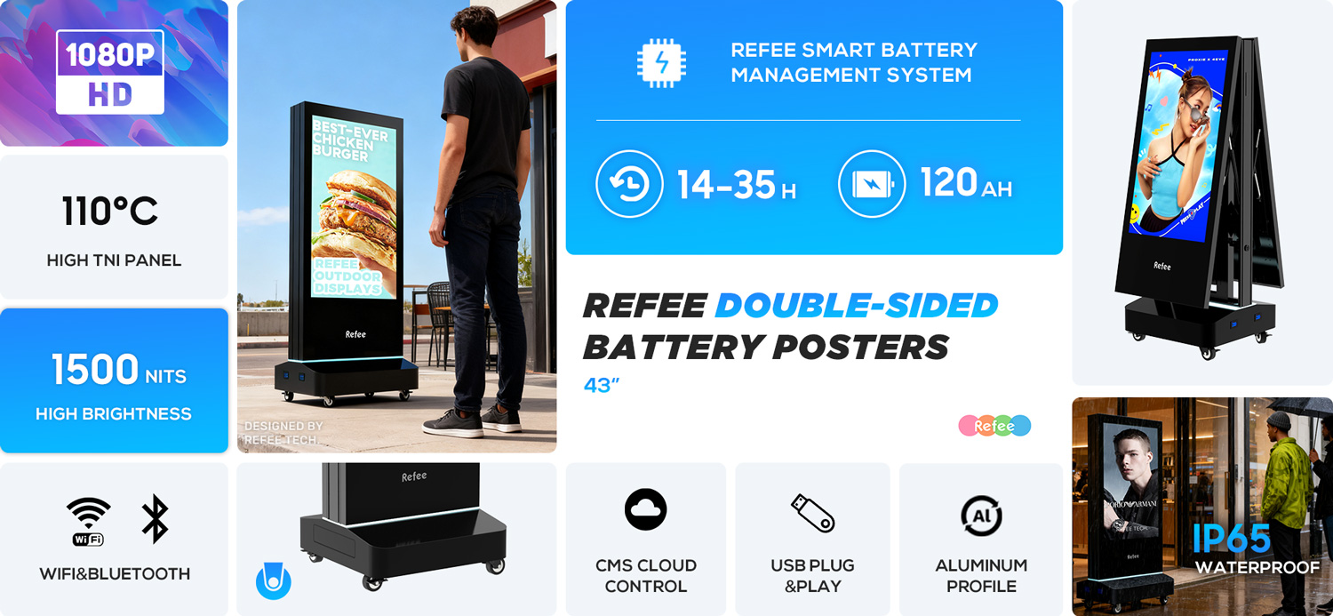 Refee outdoor-double-sided-battery high brightness waterproof-movable-display digital poster