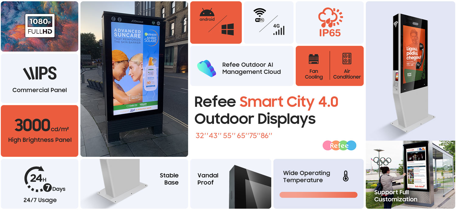 refee ultra high Brightness IP65 waterproof outdoor display outdoor digital signage display advertising screen digital poster