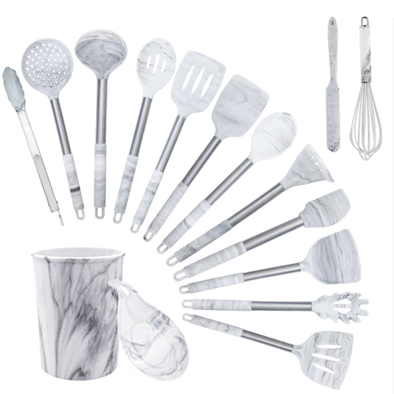 YF cookware food grade silicone kitchen utensils with stainless steel handle multi functional marble 13pcs kitchen utensils set