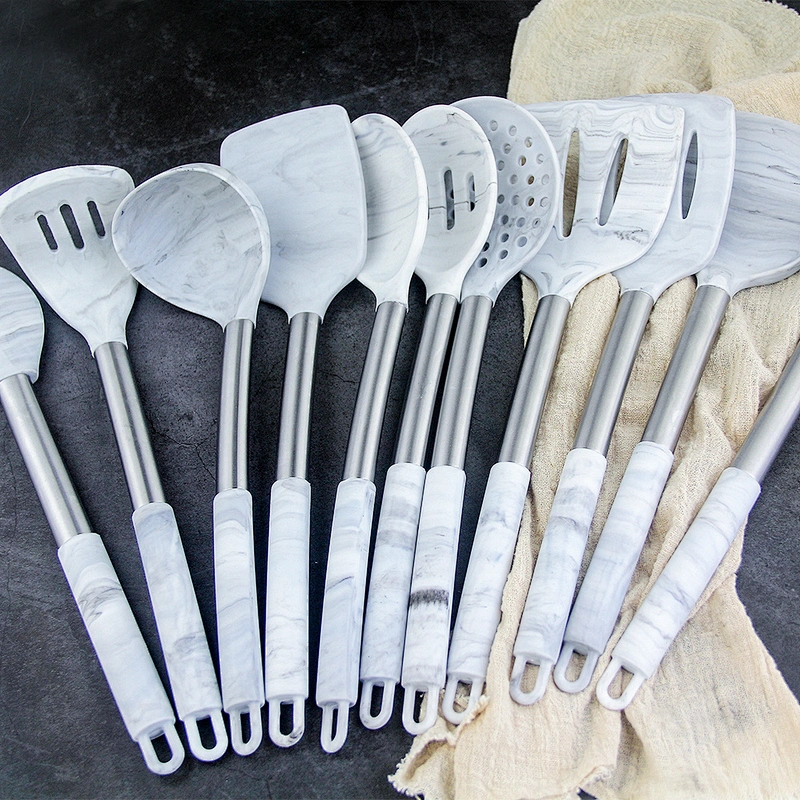 YF cookware food grade silicone kitchen utensils with stainless steel handle multi functional marble 13pcs kitchen utensils set