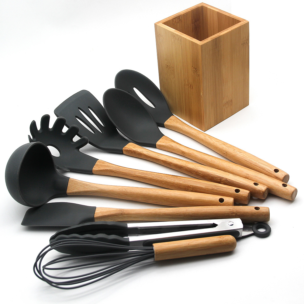 kitchen cooking 9pcs silicone head bamboo cooking utensils