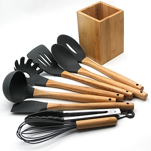 kitchen cooking 9pcs silicone head bamboo cooking utensils