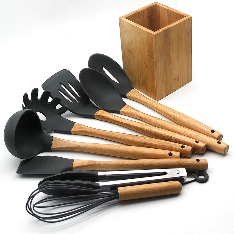 kitchen cooking 9pcs silicone head bamboo cooking utensils