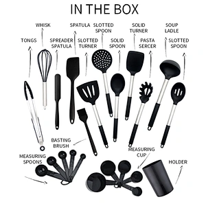 Hot Selling Kitchen Accesorios Private Label Half Handle Stainless Steel Black 9 Pieces Silicone Kitchen Set