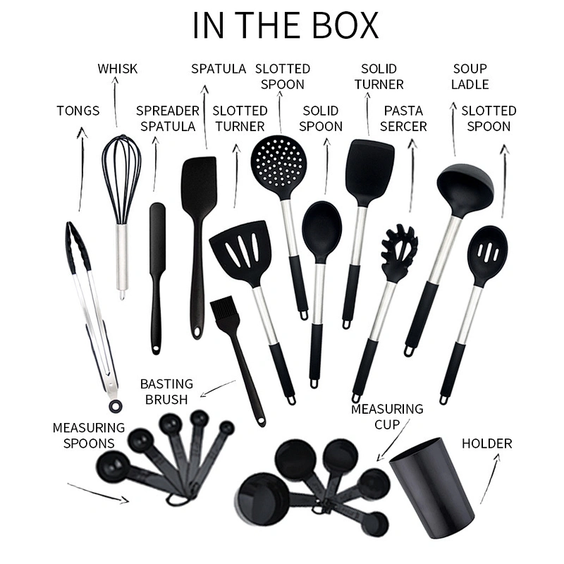 Hot Selling Kitchen Accesorios Private Label Half Handle Stainless Steel Black 9 Pieces Silicone Kitchen Set
