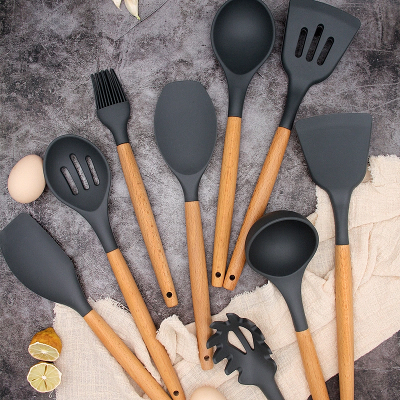 Hot Selling Durable Popular Style Eco-friendly 10 pieces Wooden Handles Cooking Tool Silicone Kitchen Utensil Set